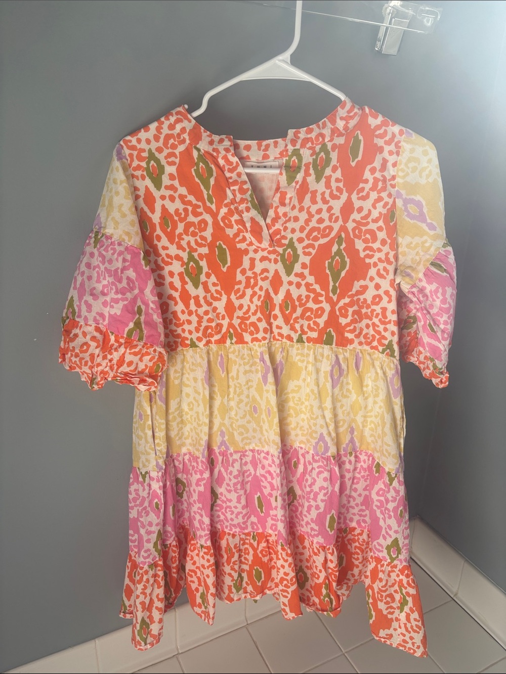 THML Tiered Mini Dress - Orange, Pink & Yellow with Olive Accents